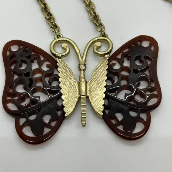Vintage Anthropologie Butterfly Pendant Necklace Brown Filigree Wings Gold-Tone - Picture 2 of 15